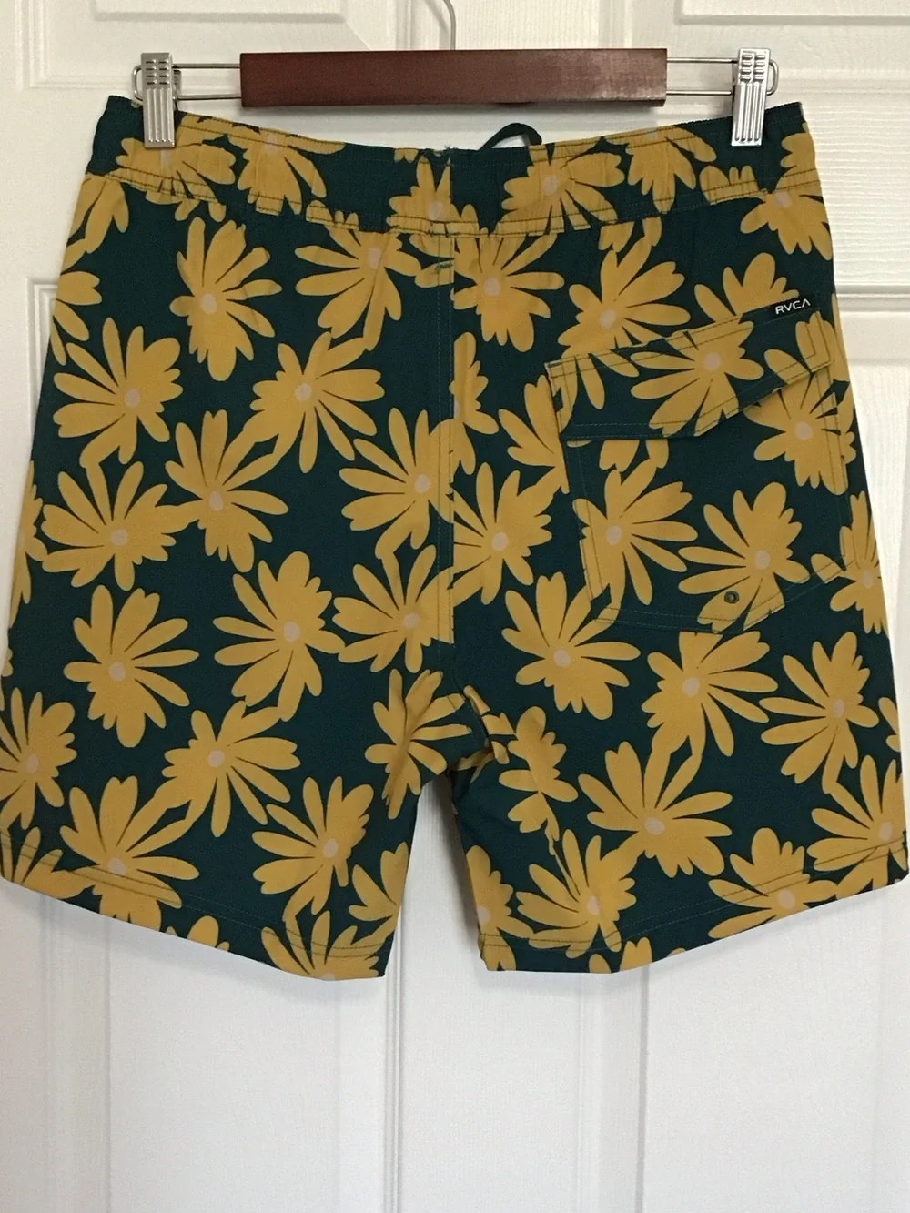 RVCA Men's Dark Green Swim Trunks with Yellow Floral Print